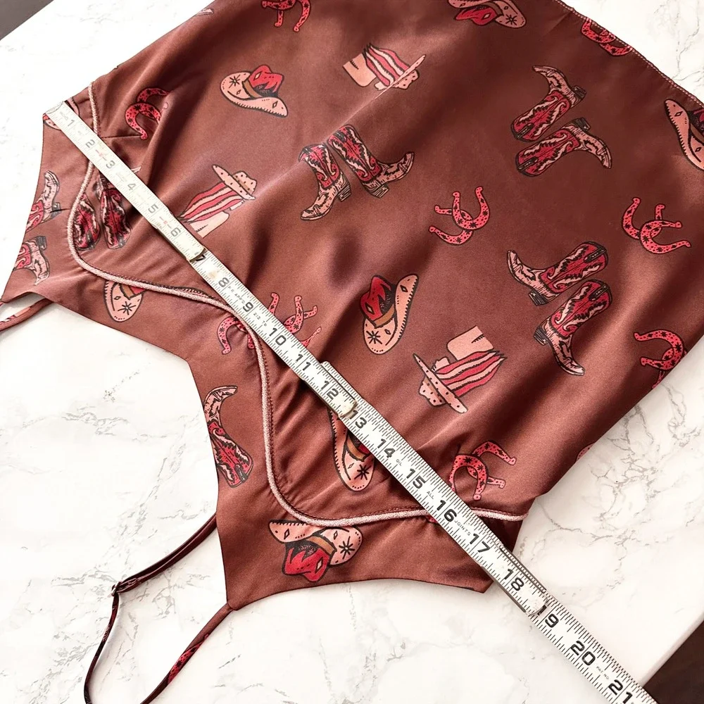 Midnight Bakery Spaghetti Strap Western Print Brown Satin Camisole Size Medium